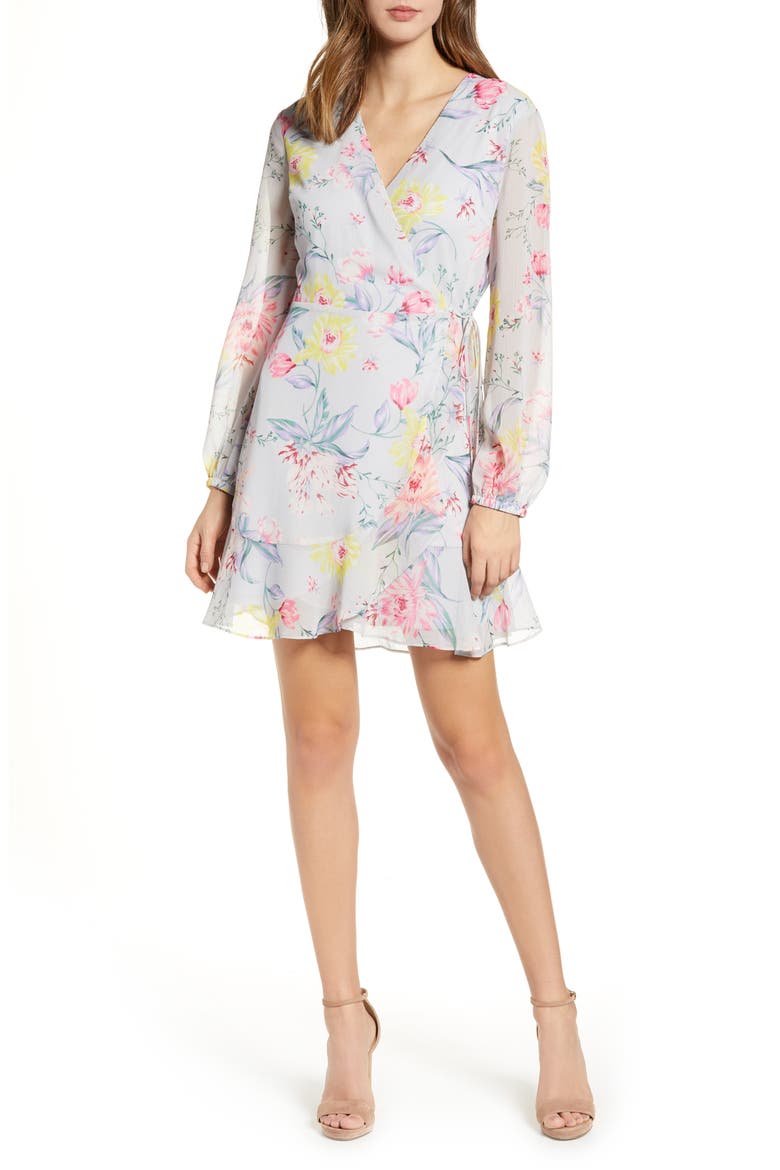 Brittany Wrap Minidress, Main, color, GREY MULTI FLORAL