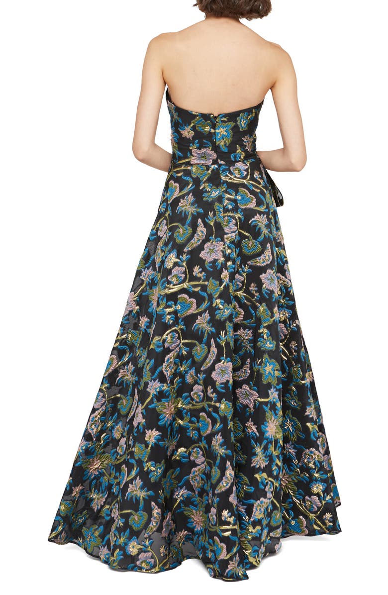 Theia Alice Metallic Jacquard Strapless High-Low Gown, Alternate, color, 