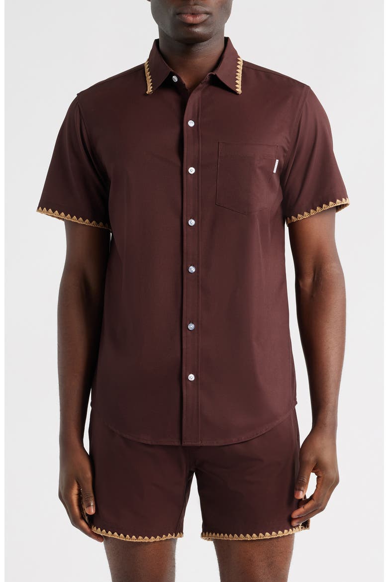 Espresso Crochet Trim Short Sleeve Button-Up Shirt, Main, color, BROWN