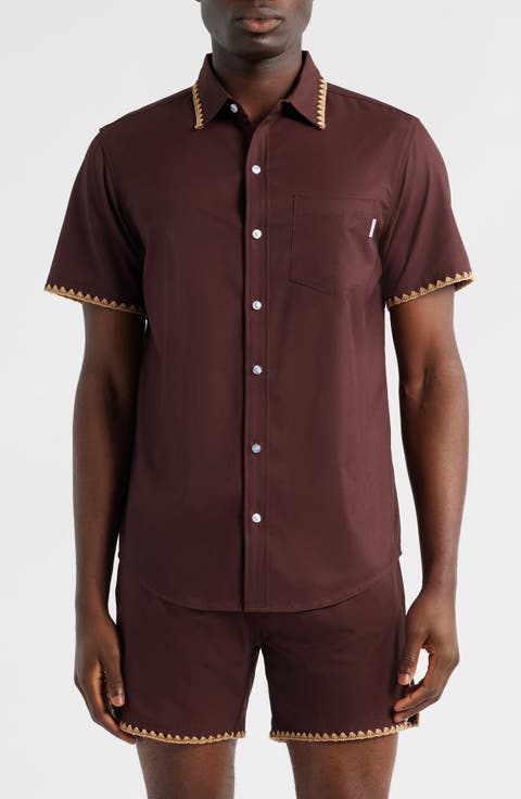 Espresso Crochet Trim Short Sleeve Button-Up Shirt