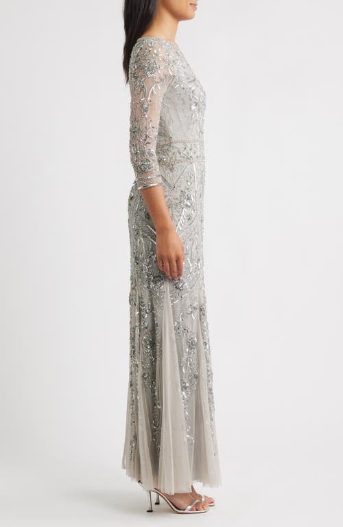 Pisarro Nights Beaded Chiffon Column Gown In Silver