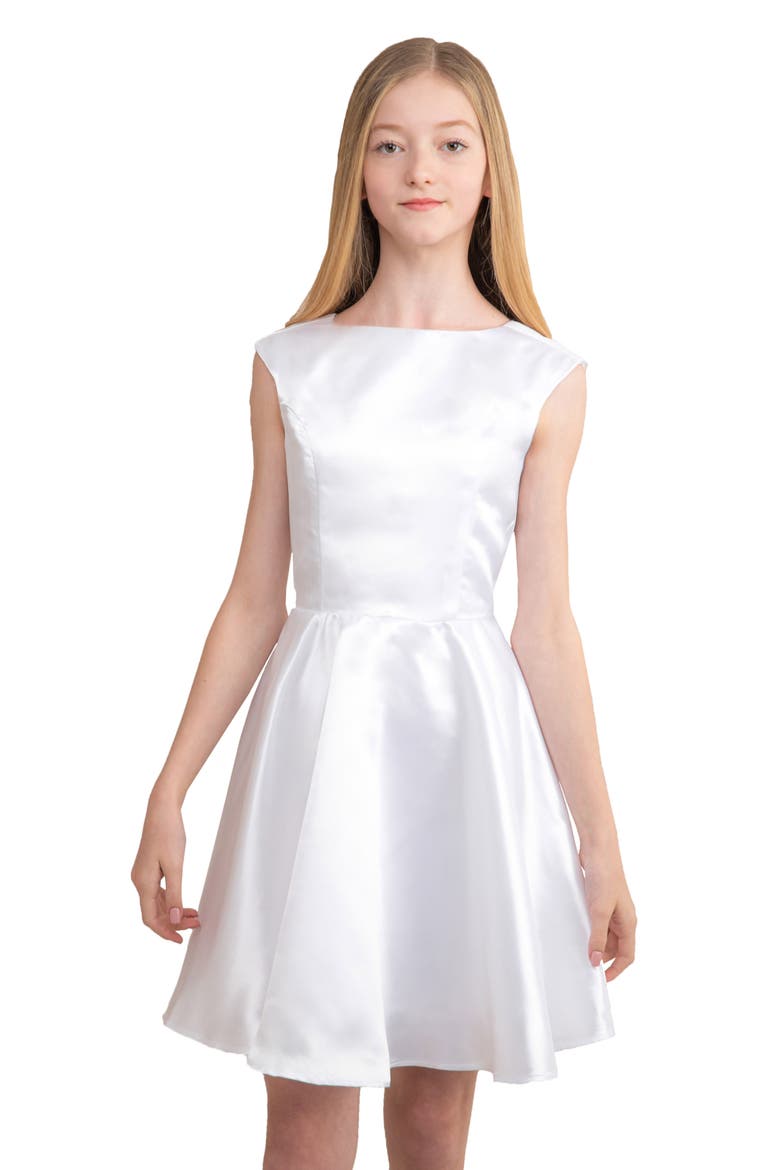 Cap Sleeve Boat Neck Dress In Longer Length, Main, color, White Satin