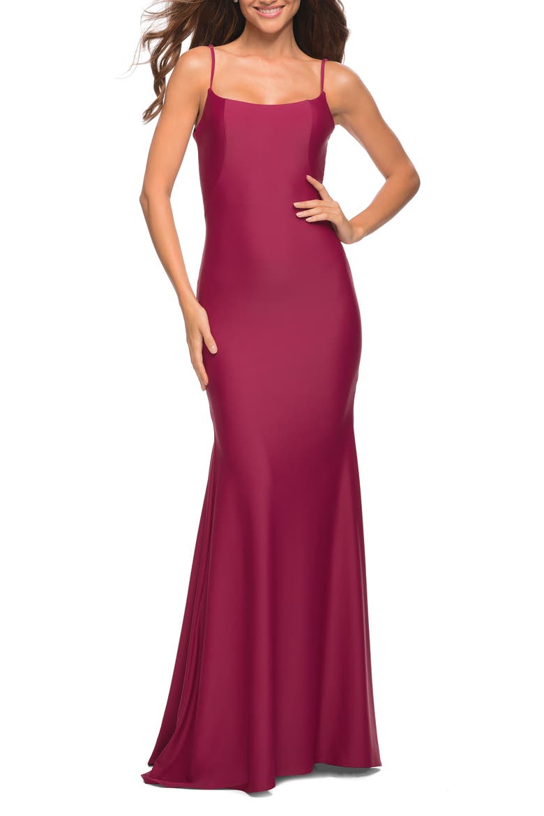 Chic Luxe Jersey Gown with Train and V Back, Alternate, color, Berry