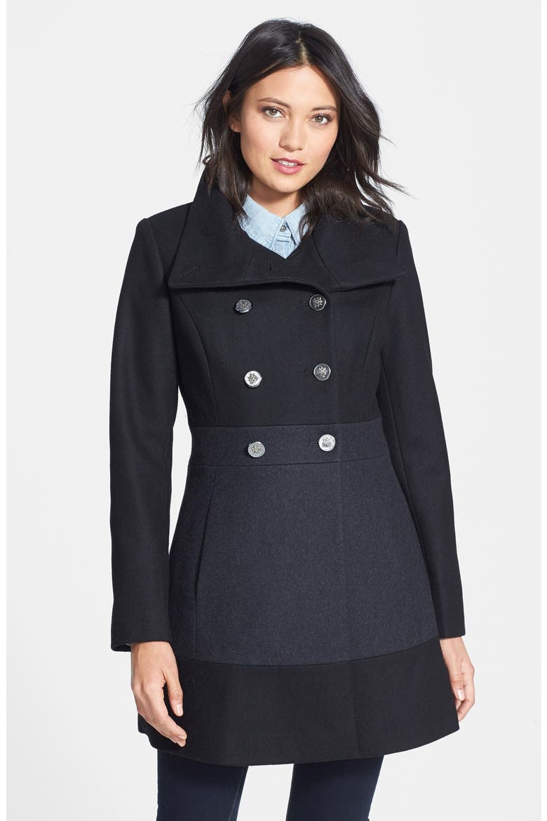 Colorblock Double Breasted Wool Blend Coat, Main, color, CHARCOAL BLACK