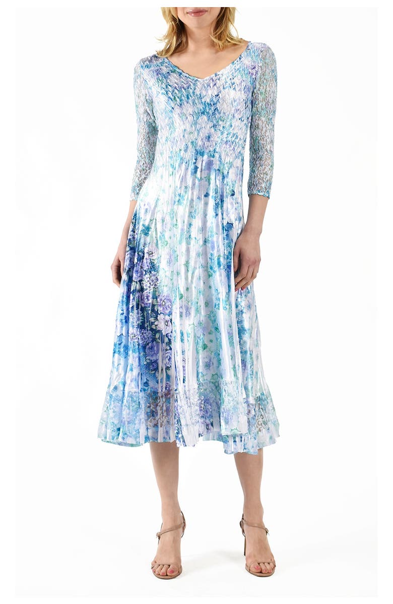 Komarov Tiny Rose Dress with Lace 3/4 Sleeve, Main, color, Cerulean Vine