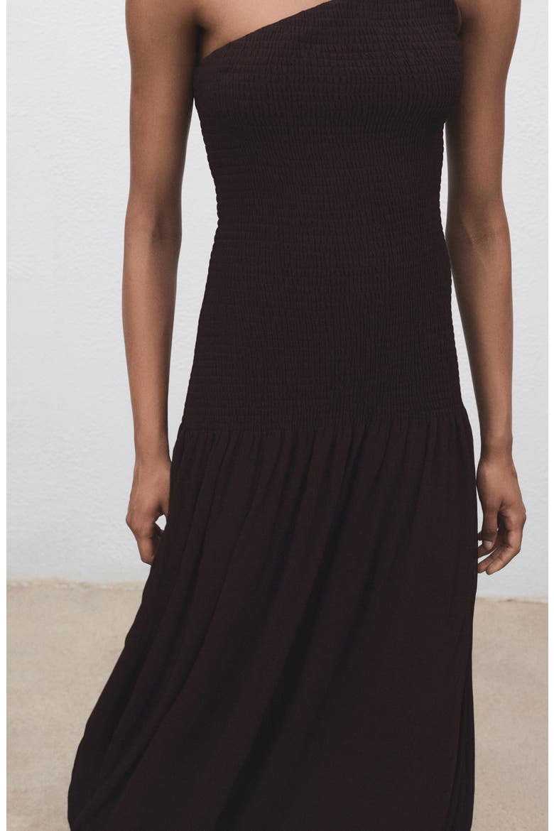 Asymmetric Smocked One-Shoulder Midi Dress, Alternate, color, CHOCOLATE