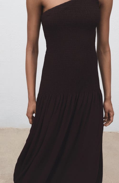 Mango Asymmetric Smocked One-shoulder Midi Dress In Brown