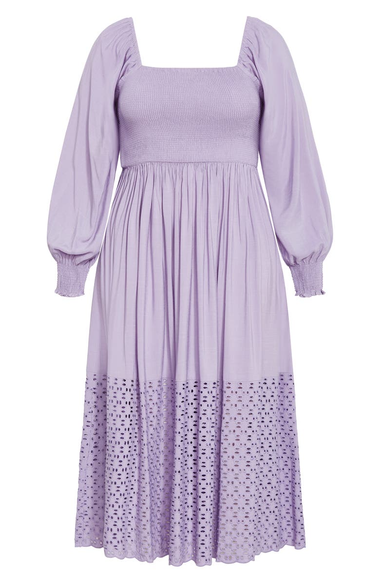 City Chic Tess Eyelet Long Sleeve Midi Dress, Alternate, color, Lavender