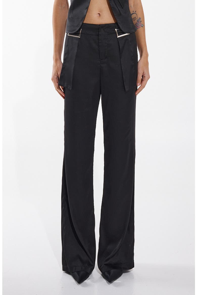 Rosie Buckled Waist Satin Straight Leg Pants, Main, color, BLACK