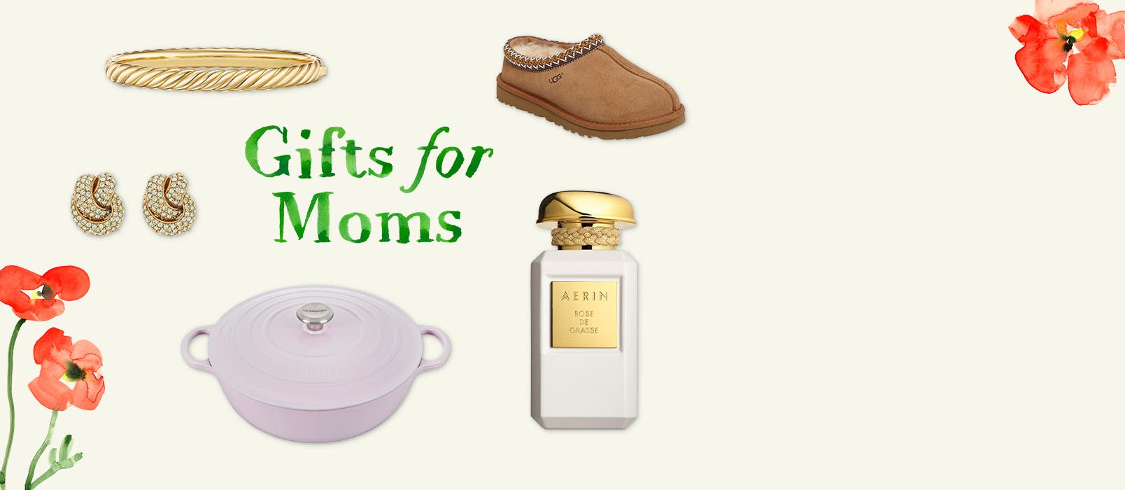 Gifts for moms: a lilac Dutch oven, knotted earrings, a bracelet, UGG slipper and perfume bottle.