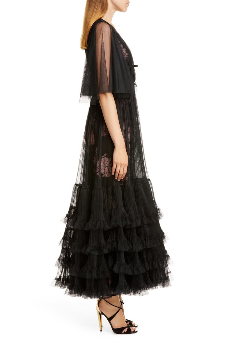 Pleated Tulle Overlay Floral Gown, Alternate, color, BLACK