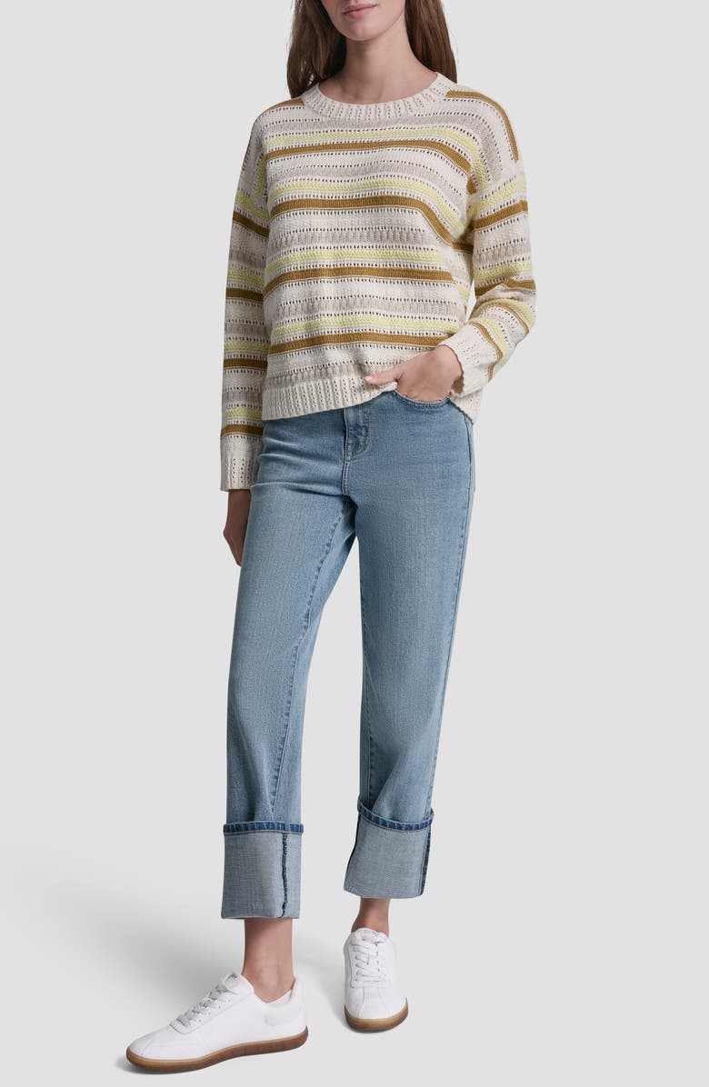 DKNY Jeans Stripe Cotton Pointelle Sweater, Alternate, color, Teak Combo