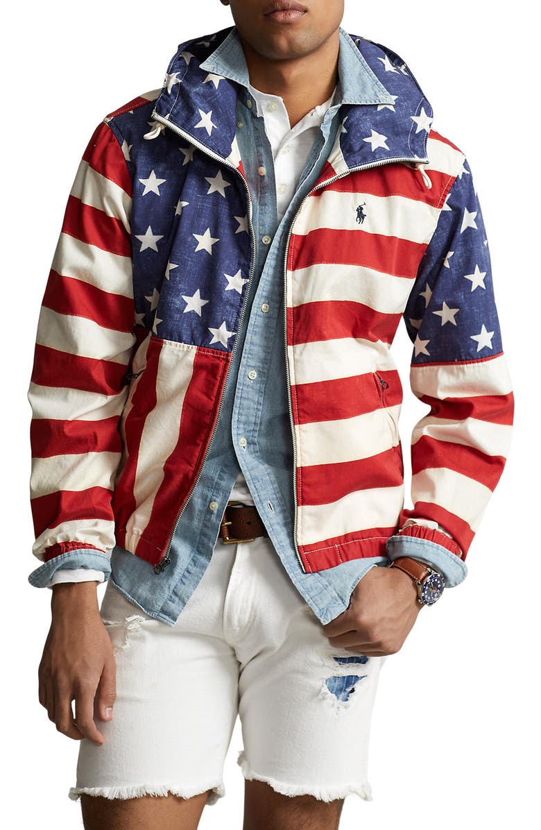 Polo Ralph Lauren American Flag Hooded Bomber Jacket, Main, color, 