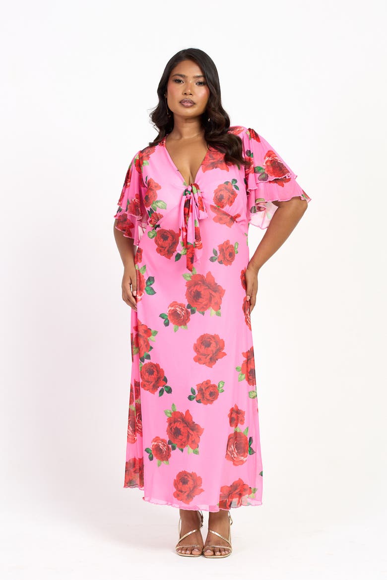 Flutter Sleeve Tie Front Midi Dress, Alternate, color, Pink