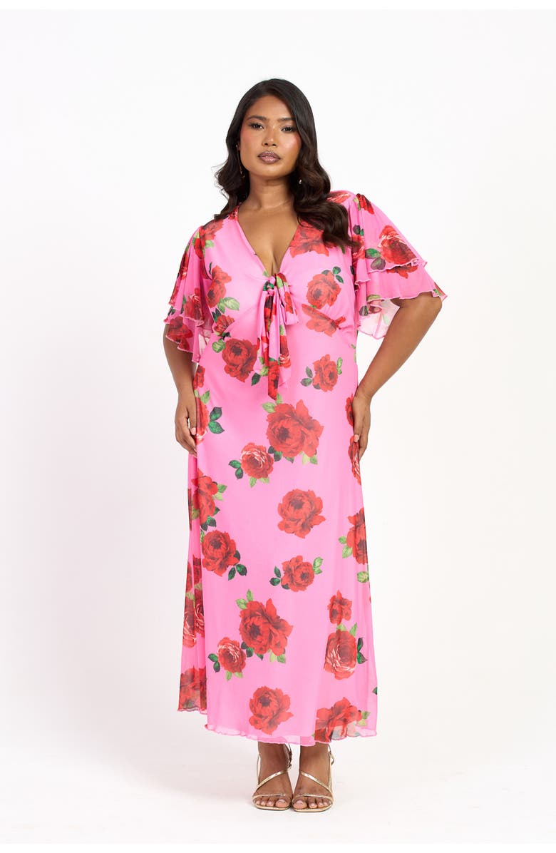 FASHION-SZN CURVE Flutter Sleeve Tie Front Midi Dress, Alternate, color, Pink