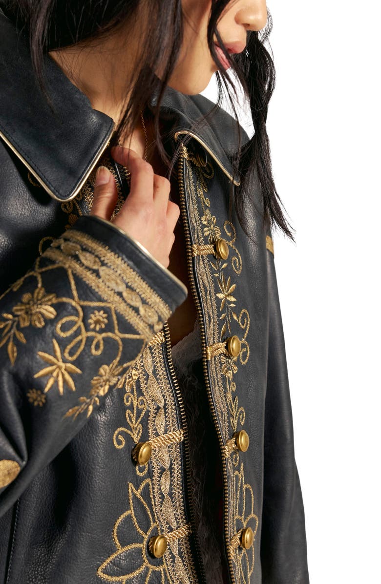 Free People Lana Embroidered Leather Jacket, Alternate, color, Black