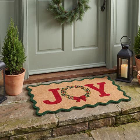 Scalloped Coir Doormat with Joy Wreath