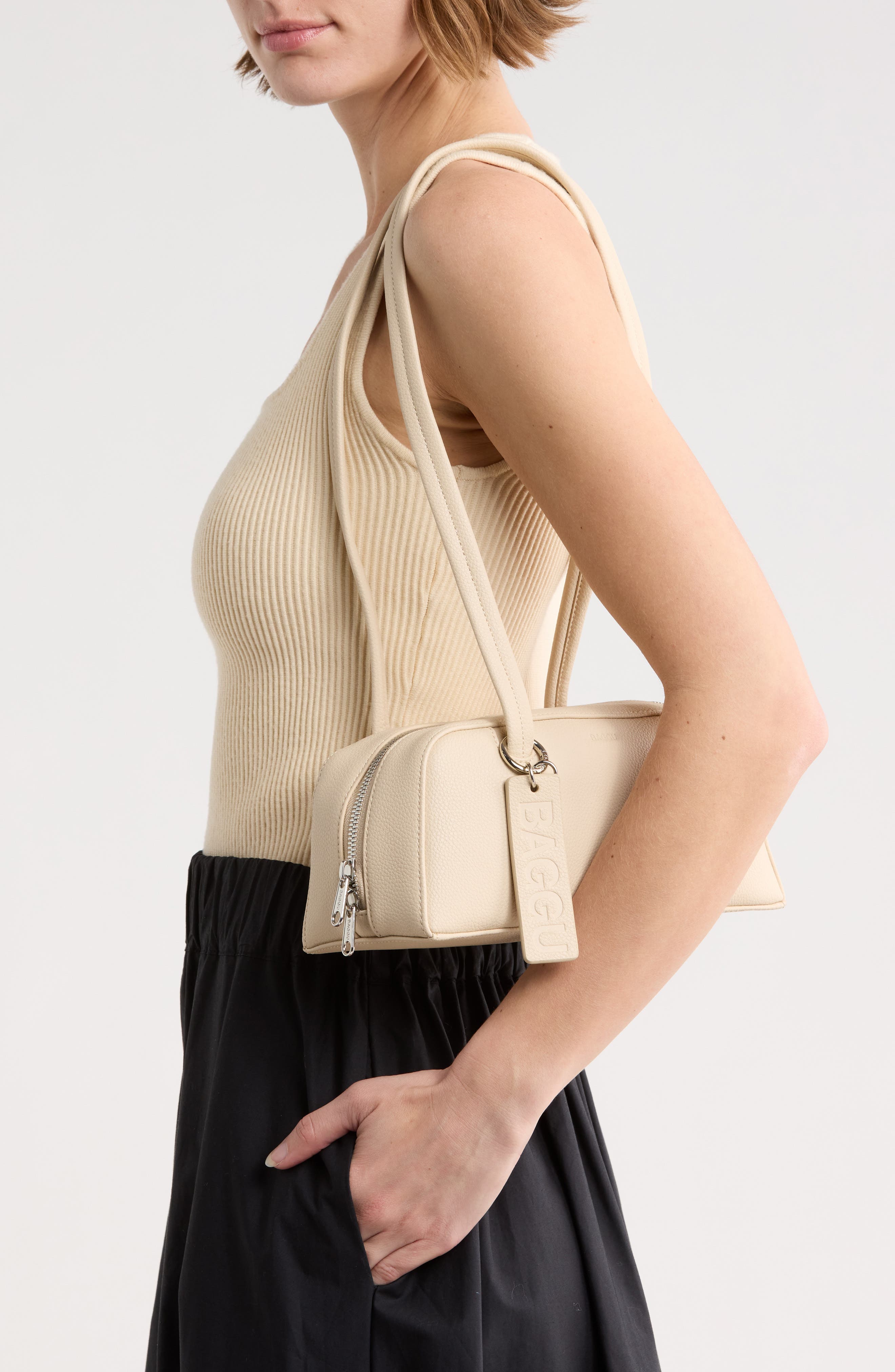 Baggu Small Recycled Leather Bowler Shoulder Bag, Alternate, color, Stone