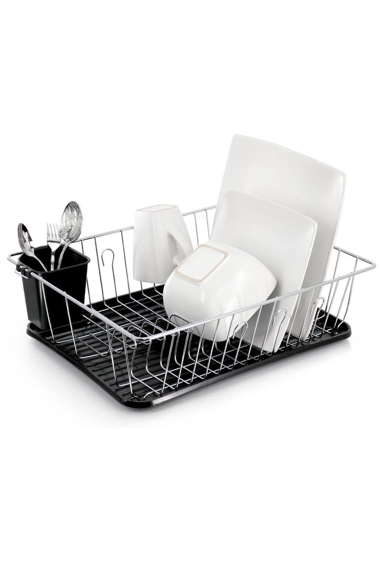 16 Inch Chrome Plated and Plastic Counter Top Drying Dish Rack, Main, color, Black