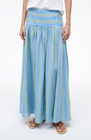 STAUD Procida Stripe Linen Midi Skirt