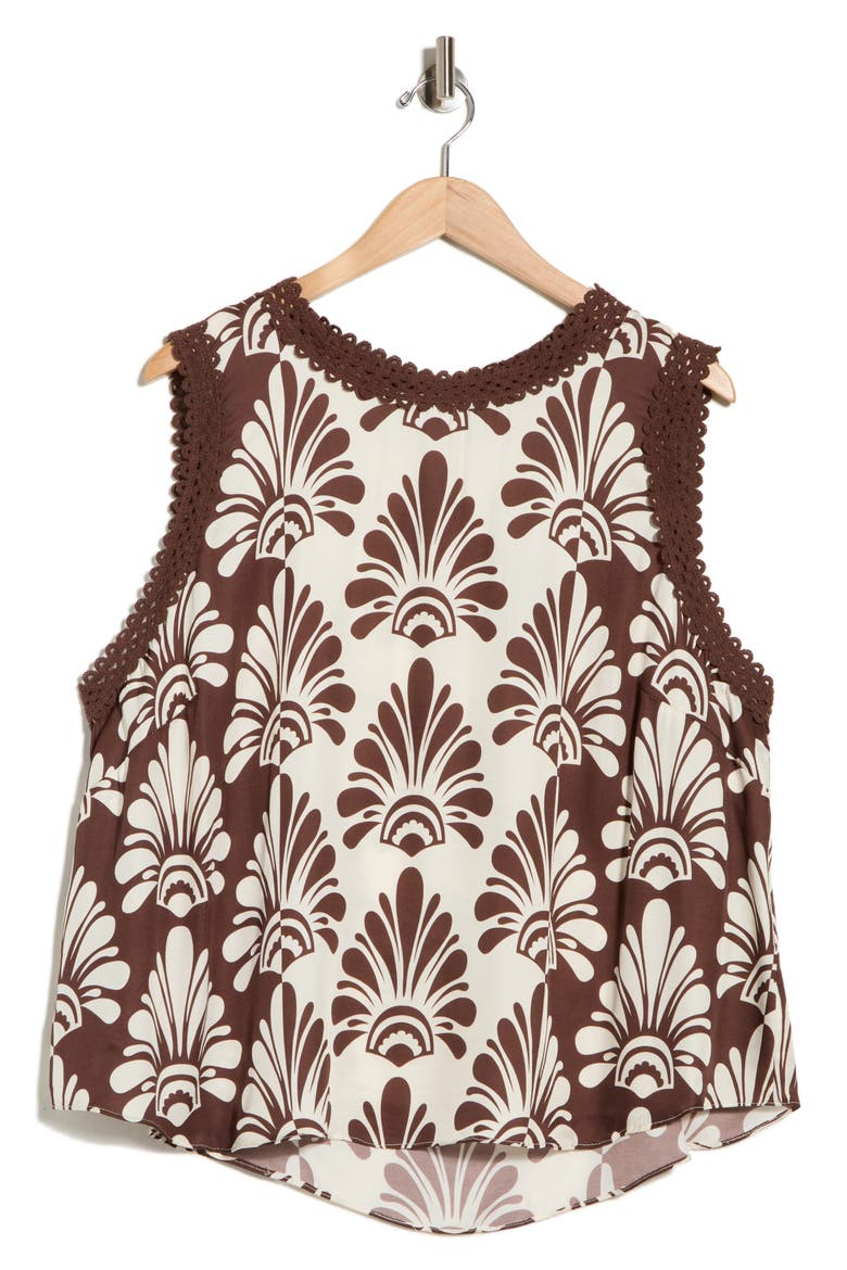 Eyelet Trim Shell, Alternate, color, IVORY/ BROWN FAN PRINT