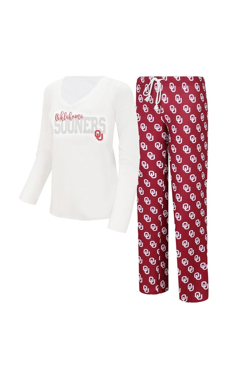 CONCEPTS SPORT Women's Concepts Sport  White/Crimson Oklahoma Sooners Long Sleeve V-Neck T-Shirt & Gauge Pants Sleep Set, Main, color, 