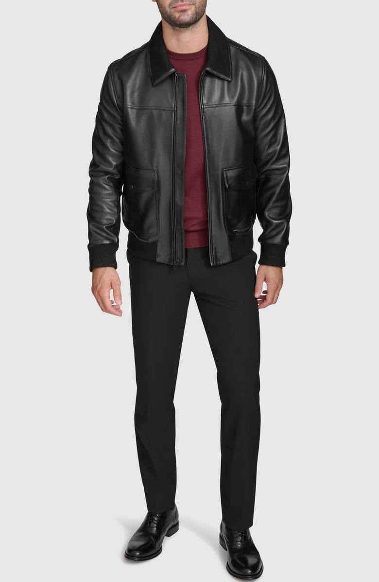 Cole Haan Knit Trim Leather Jacket, Alternate, color, Black