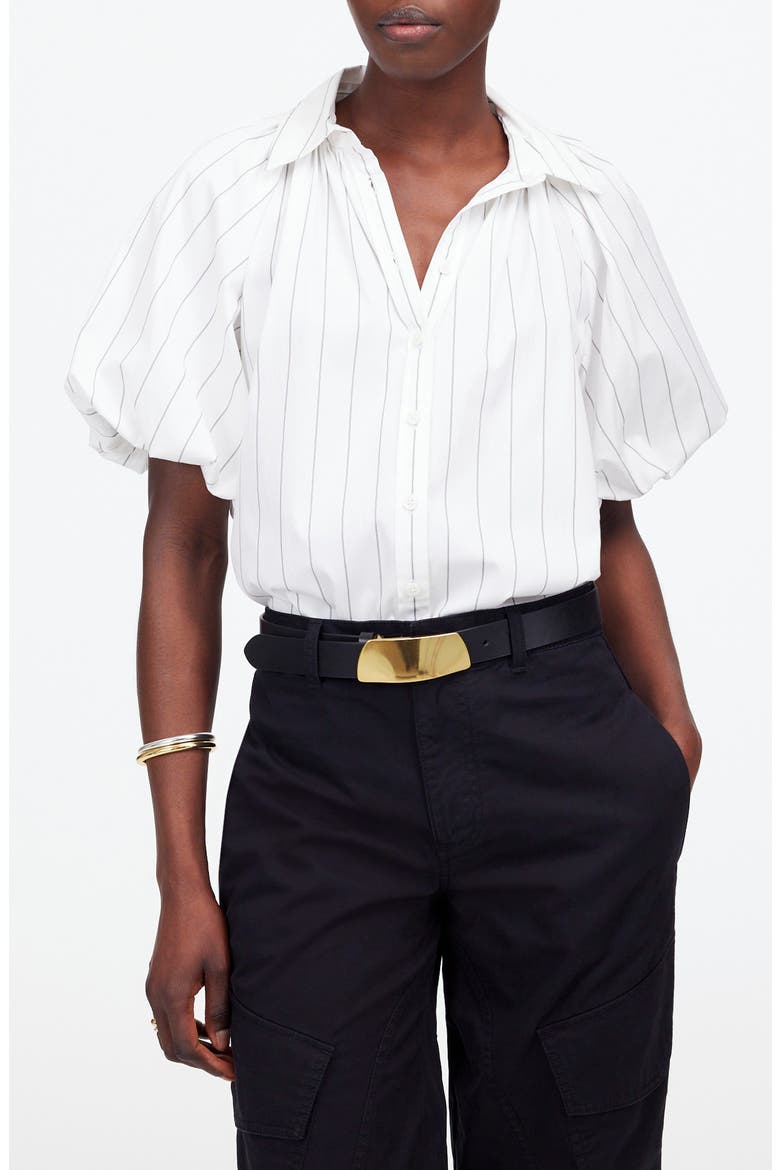 Stripe Shirred Bubble Sleeve Button-Up Shirt, Main, color, WHITE