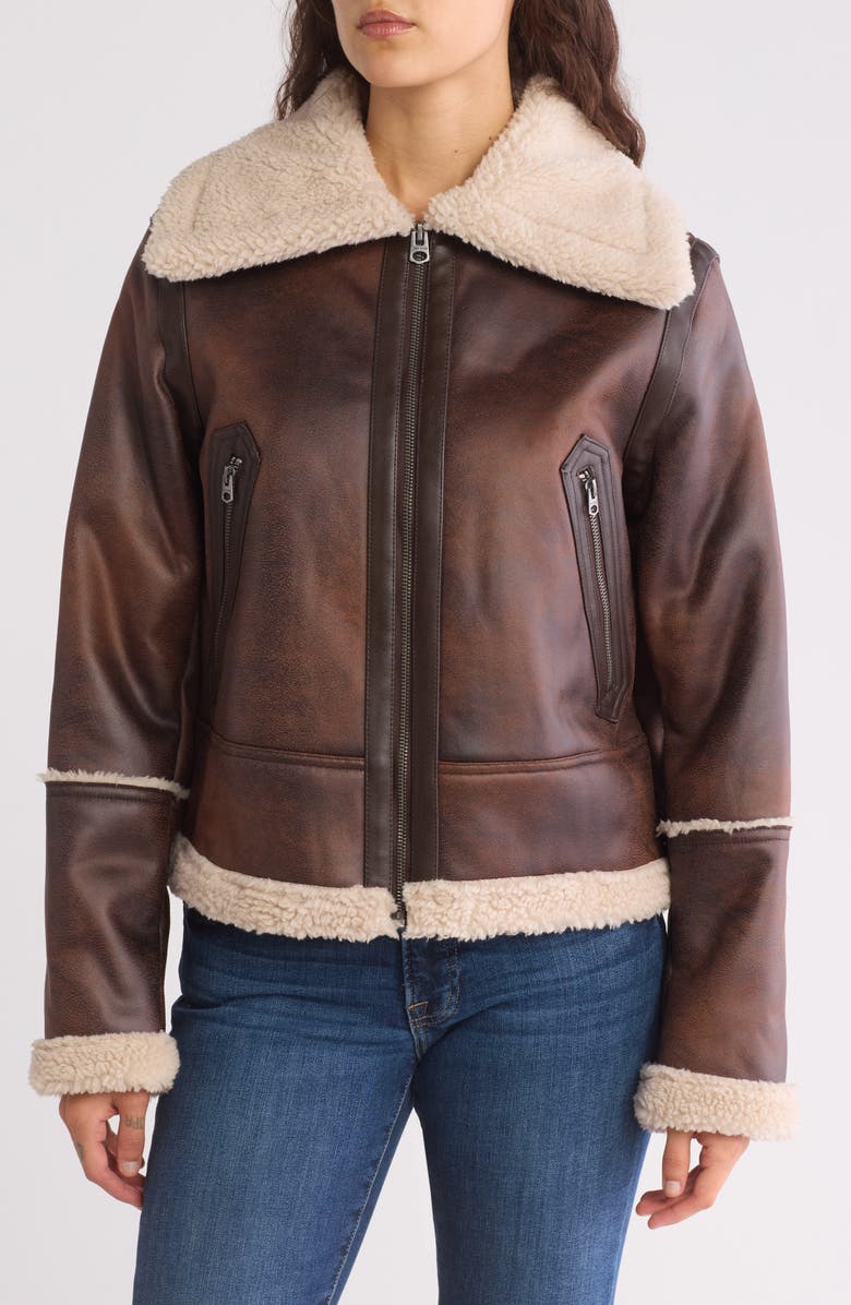 Lucky Brand Faux Shearling Trim Faux Leather Jacket, Main, color,