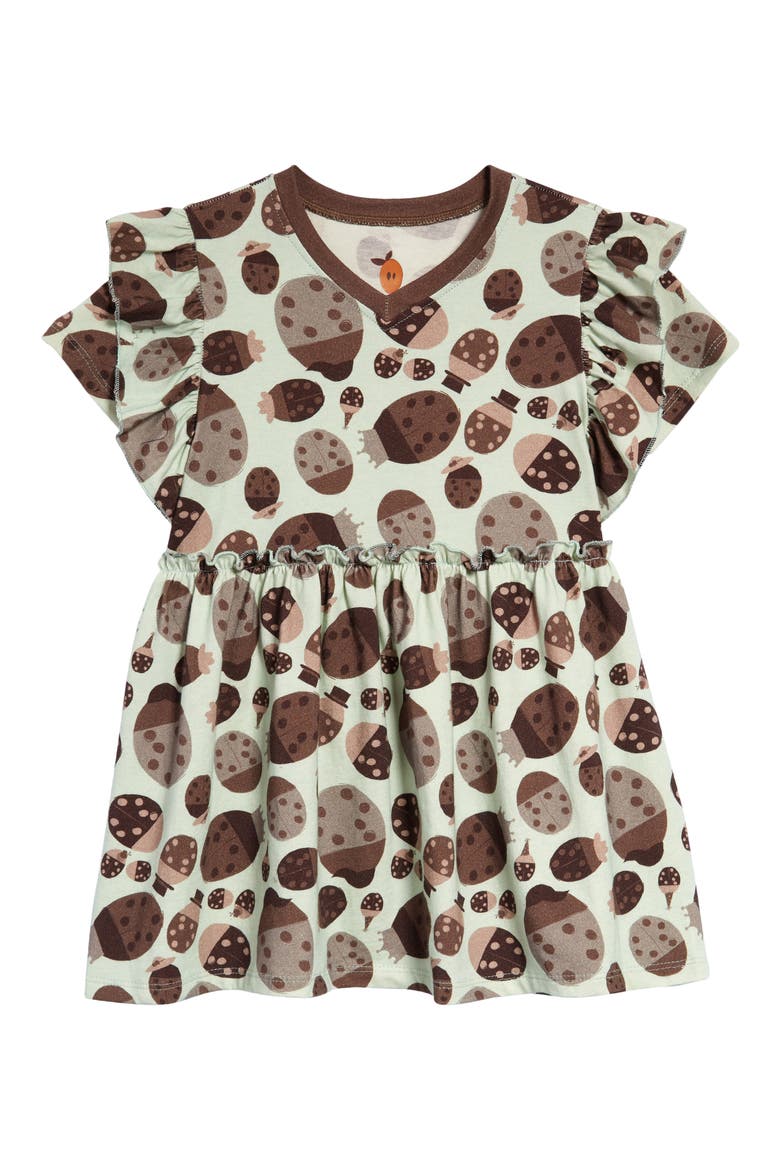 Ladybug Ruffle Organic Cotton Dress, Main, color, BROWN/ BEIGE/ GREEN