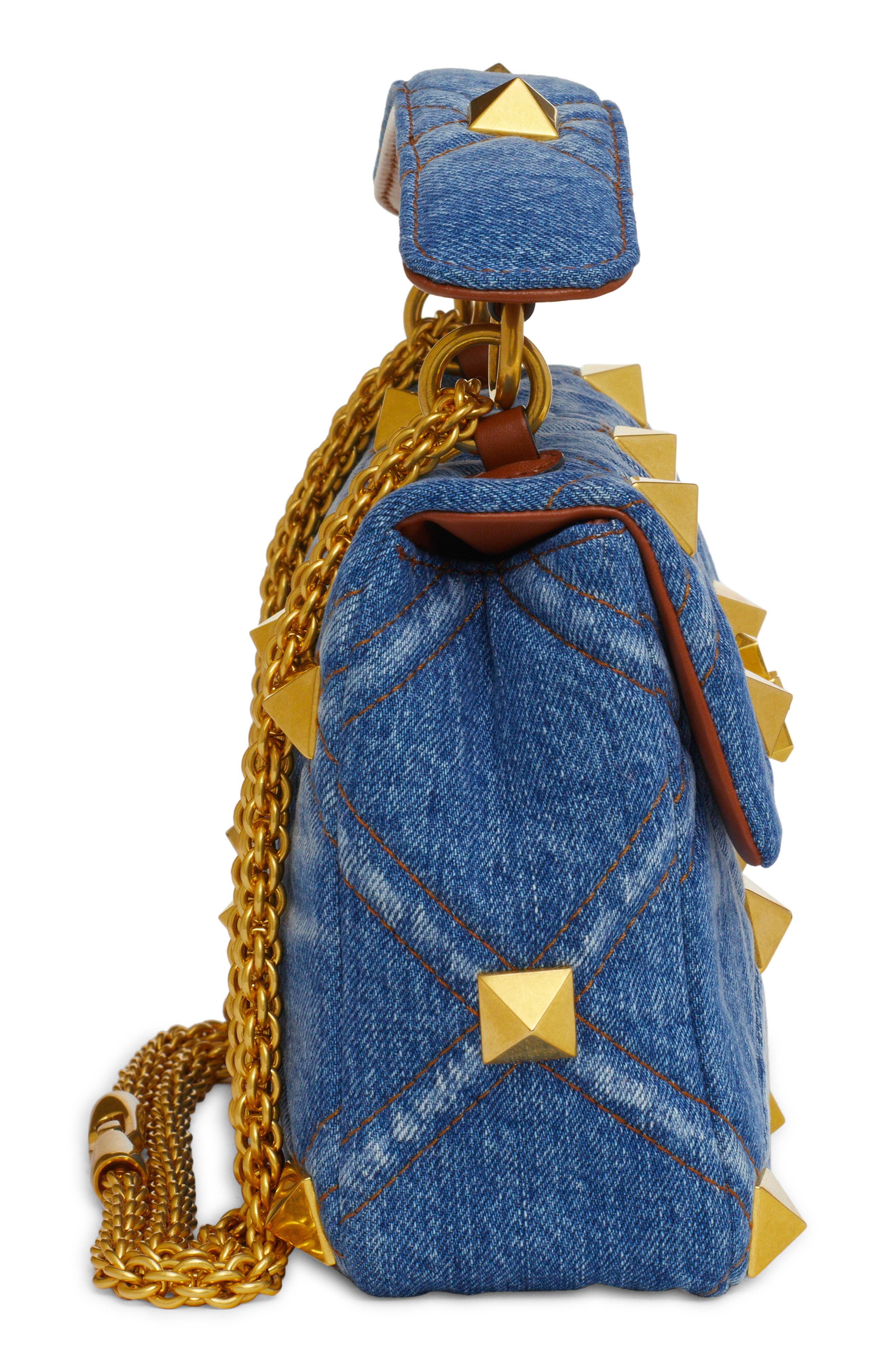 Valentino Garavani Valentino Medium Roman Stud Denim Shoulder Bag, Alternate, color, 