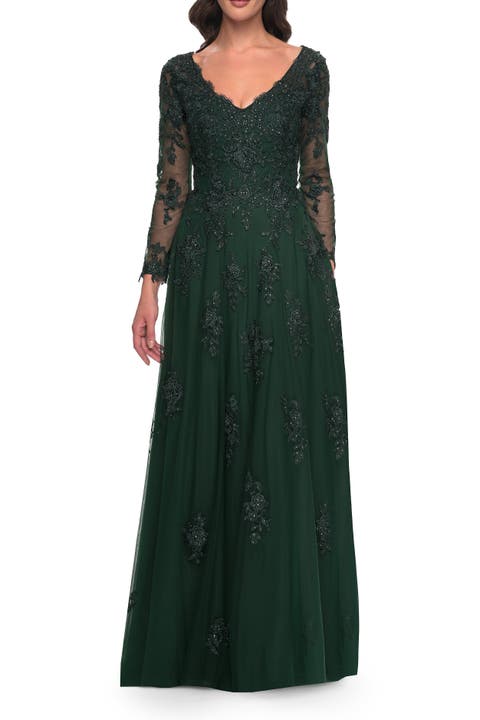 Long Sleeve Lace and Tulle Dress with V Neckline