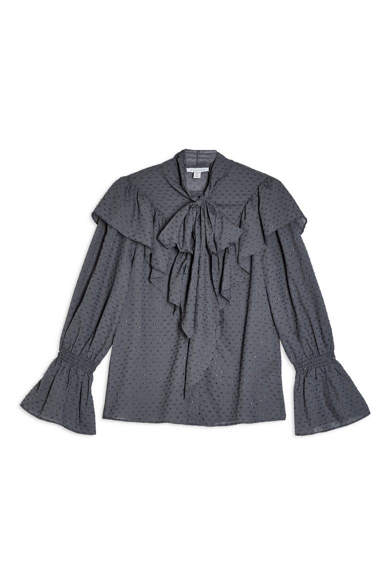Tie Neck Dobby Blouse, Alternate, color, GUNMETAL