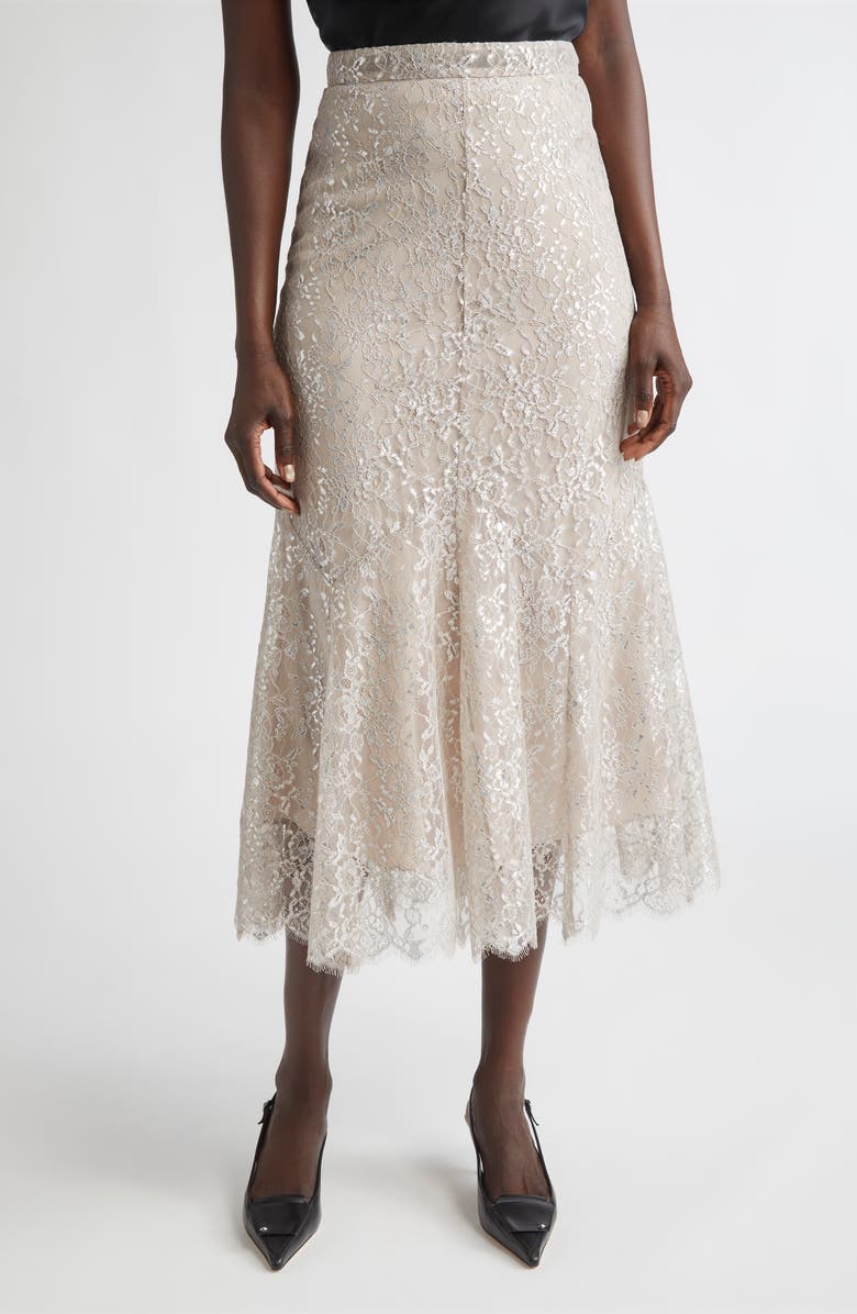 Erdem Fluted Metallic Lace Skirt, Main, color, Silver