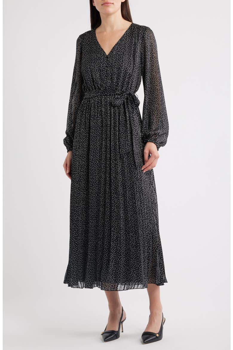 Polka Dot Metallic Thread Long Sleeve Pleated Dress, Main, color, BLACK