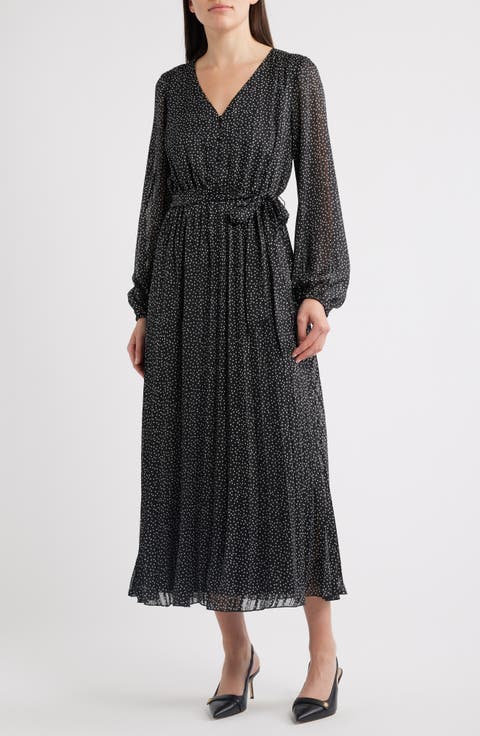 Polka Dot Metallic Thread Long Sleeve Pleated Dress