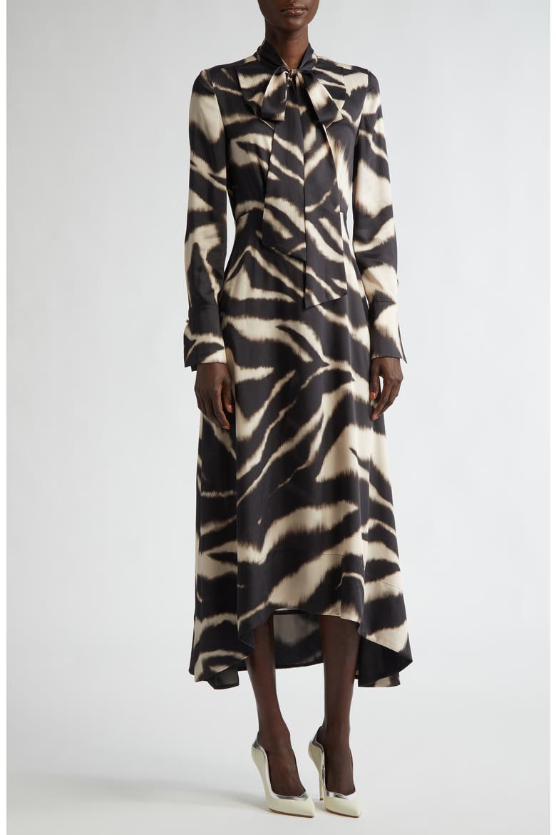 Zebra Print Long Sleeve Pussy Bow Maxi Dress, Main, color, PINK BLUSH/ BLACK MULTI