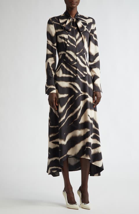 Zebra Print Long Sleeve Pussy Bow Maxi Dress