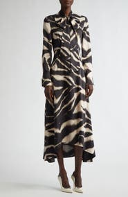 ST. JOHN Zebra Print Long Sleeve Pussy Bow Maxi Dress