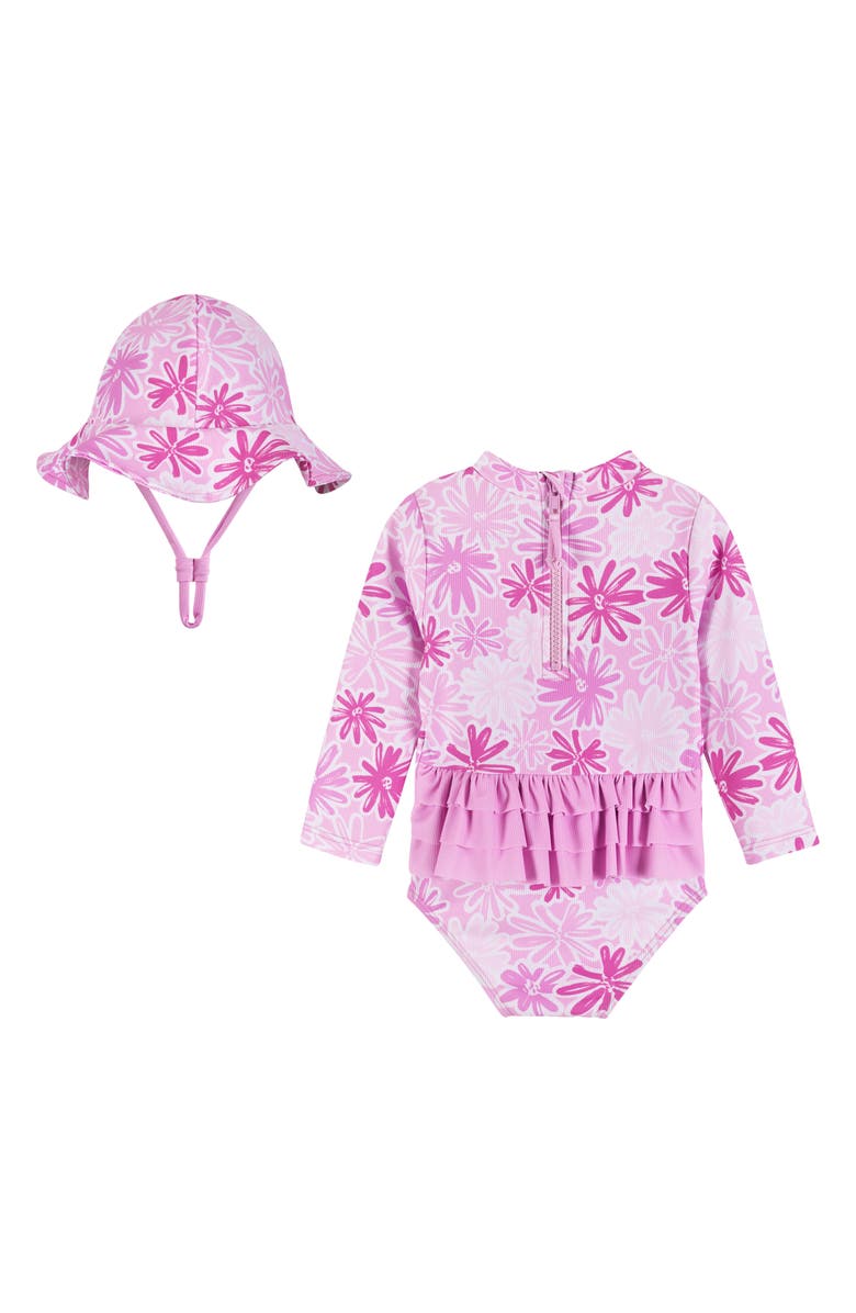 Andy & Evan One-Piece Rashguard Swimsuit & Hat Set, Alternate, color, Pink Floral