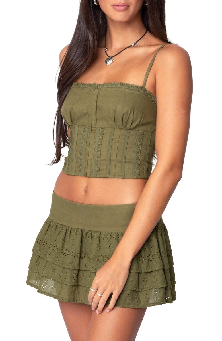 EDIKTED Fluer Embroidered Linen & Cotton Crop Top, Alternate, color, Olive