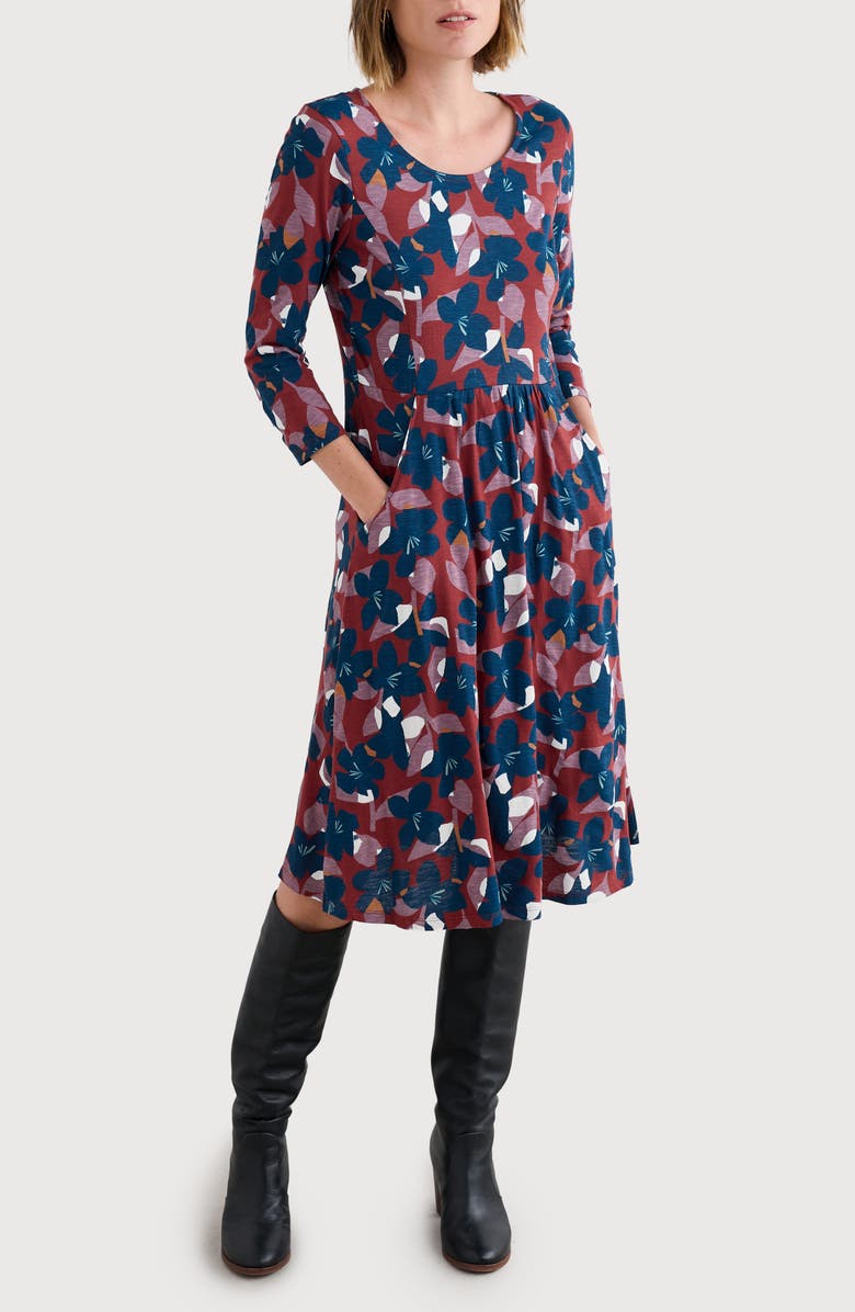 Seasalt Cornwall Enor Print Organic Cotton Fit & Flare Dress, Main, color, Macro Flower Burgundy