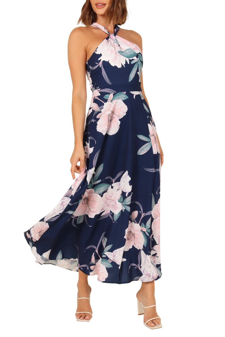 Miara Floral Print Halter Dress, Main, color, NAVY