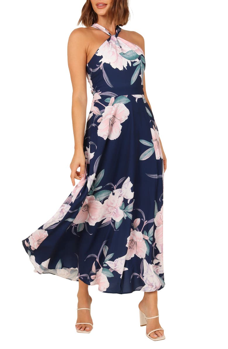 Petal & Pup Miara Floral Print Halter Dress, Main, color, Navy