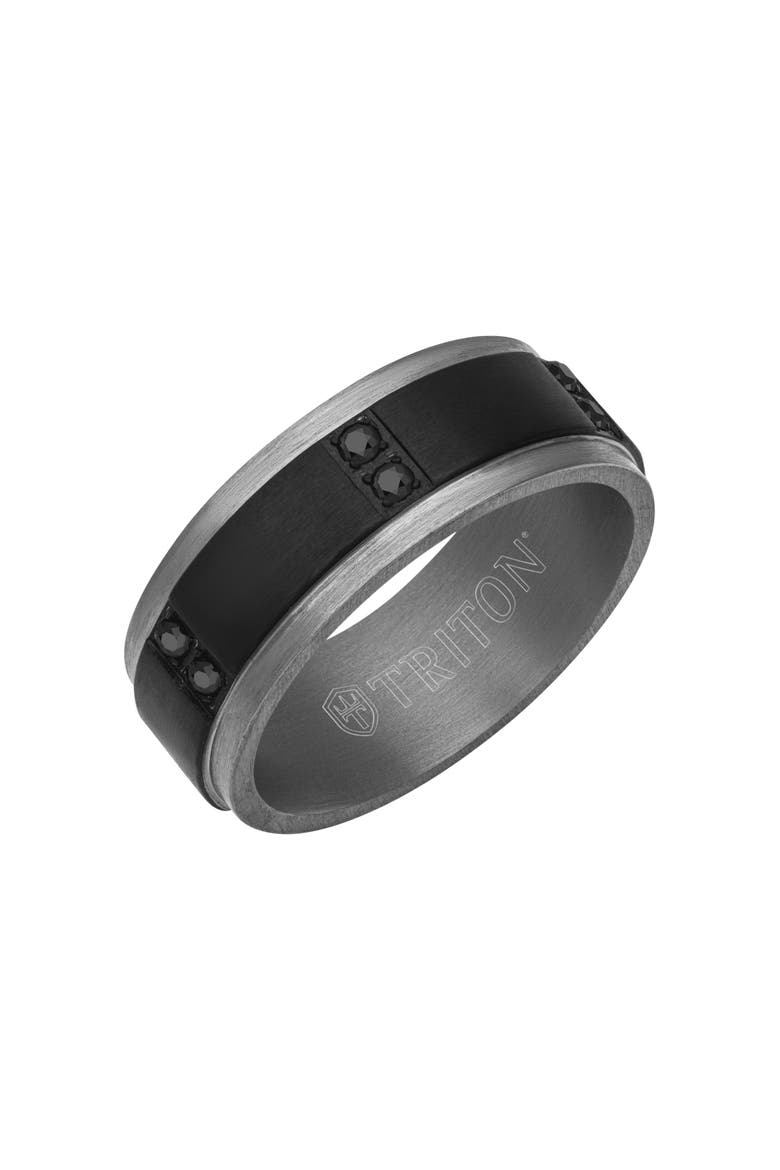 8MM Tantalum Ring with Vertical Channel Set Black Sapphires and Flat Edge, Main, color, Metallic Silver