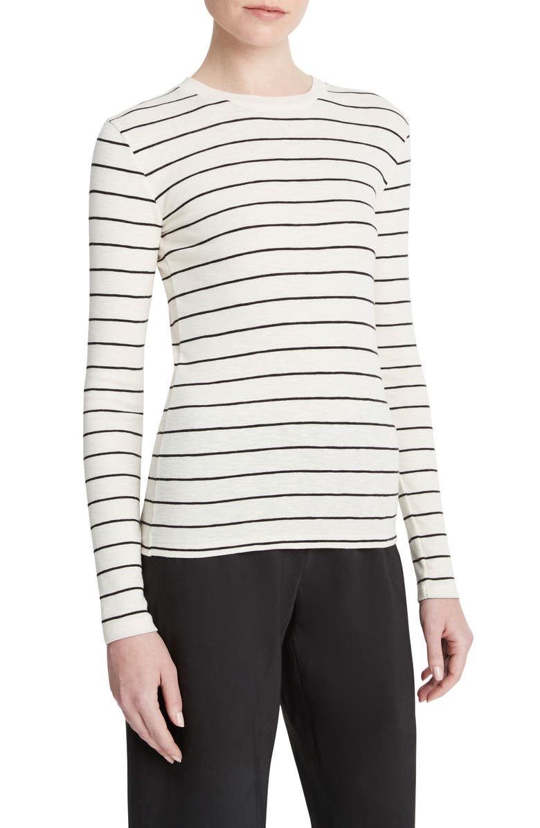 Vince Stripe Long Sleeve Cotton & Modal Crewneck Top, Main, color, 