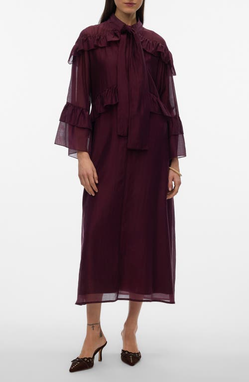 Vero Moda Jenna Ruffle Detail Long Sleeve Dress In Burgundy