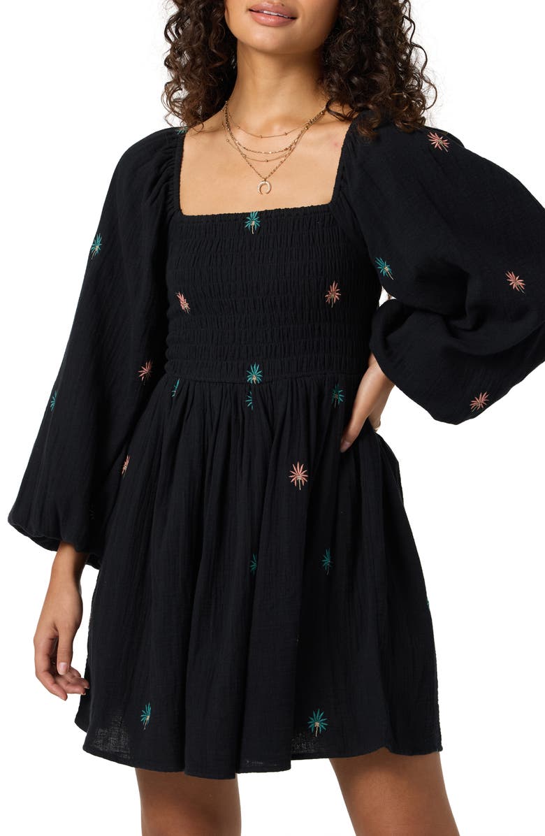 O'Neill Gracyn Palm Embroidered Long Sleeve Dress, Alternate, color, Black