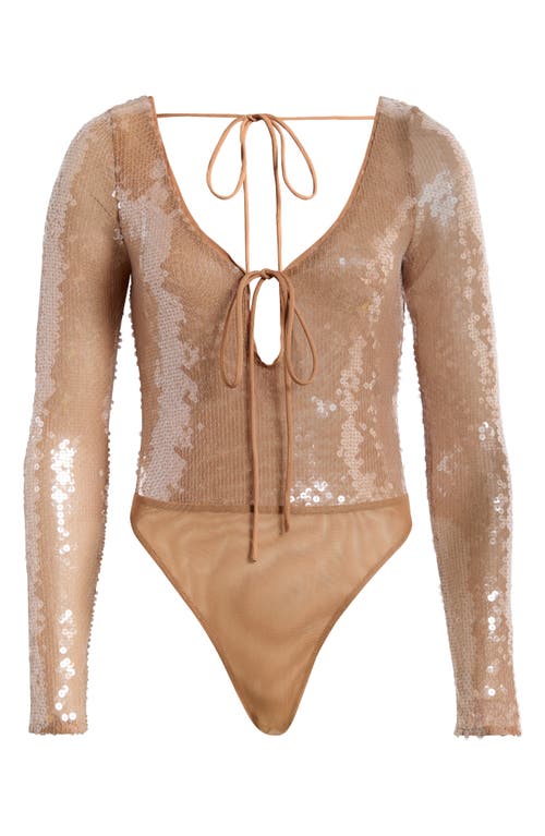 Bardot Verona Sequin Long Sleeve Bodysuit In Beige