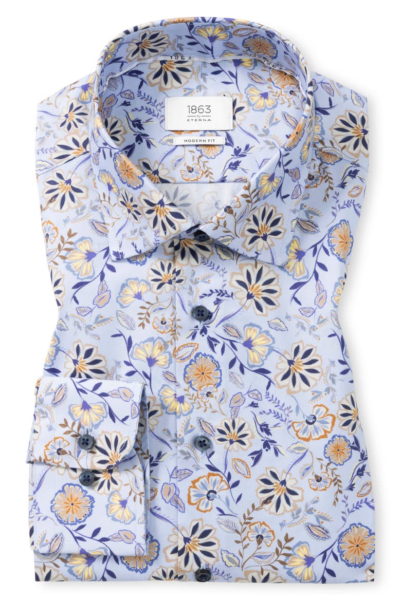 Modern Fit Floral Non-Iron Cotton Twill Dress Shirt, Main, color, LIGHT BLUE